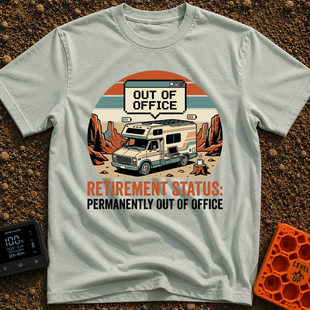 Permanently Out Of Office - T-Shirt in Bay - A vintage-style motorhome is parked in a red rock desert canyon with solar...