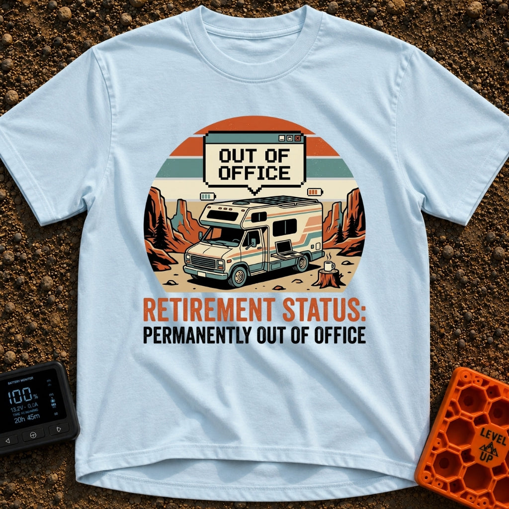 Permanently Out Of Office - T-Shirt in Chambray - A vintage-style motorhome is parked in a red rock desert canyon with...