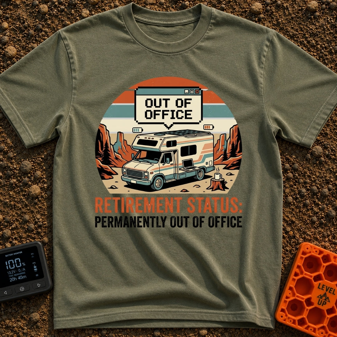 Permanently Out Of Office - T-Shirt in Moss - A vintage-style motorhome is parked in a red rock desert canyon with solar...