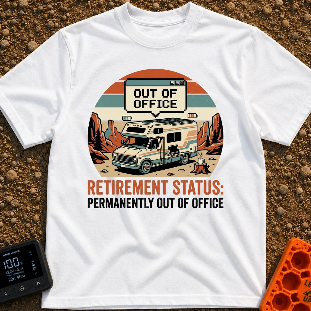 Permanently Out Of Office - T-Shirt in White - A vintage-style motorhome is parked in a red rock desert canyon with solar...