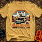 Permanently Out Of Office - T-Shirt in Mustard - A camper van with roof-mounted solar panels is parked in a desert canyon...