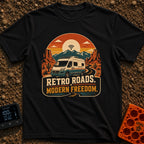 Where The WiFi Roams - T-Shirt in Black - A retro-style illustration of a modern camper van with roof-mounted solar...