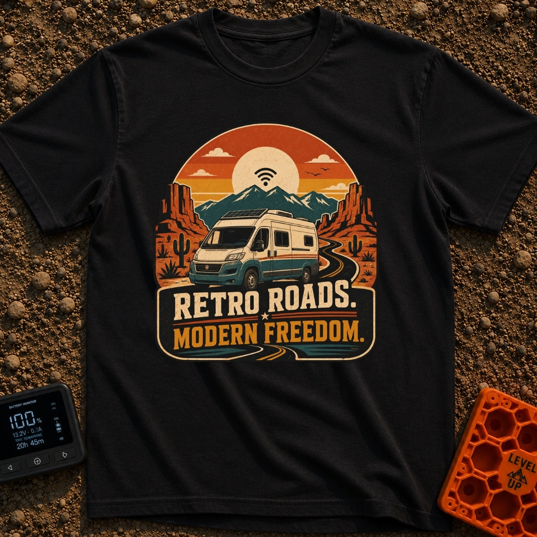 Where The WiFi Roams - T-Shirt in Black - A retro-style illustration of a modern camper van with roof-mounted solar...