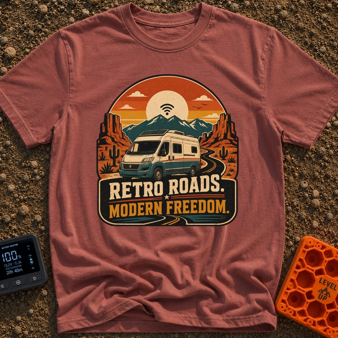 Where The WiFi Roams - T-Shirt in Brick - A retro-style illustration of a modern camper van with roof-mounted solar...