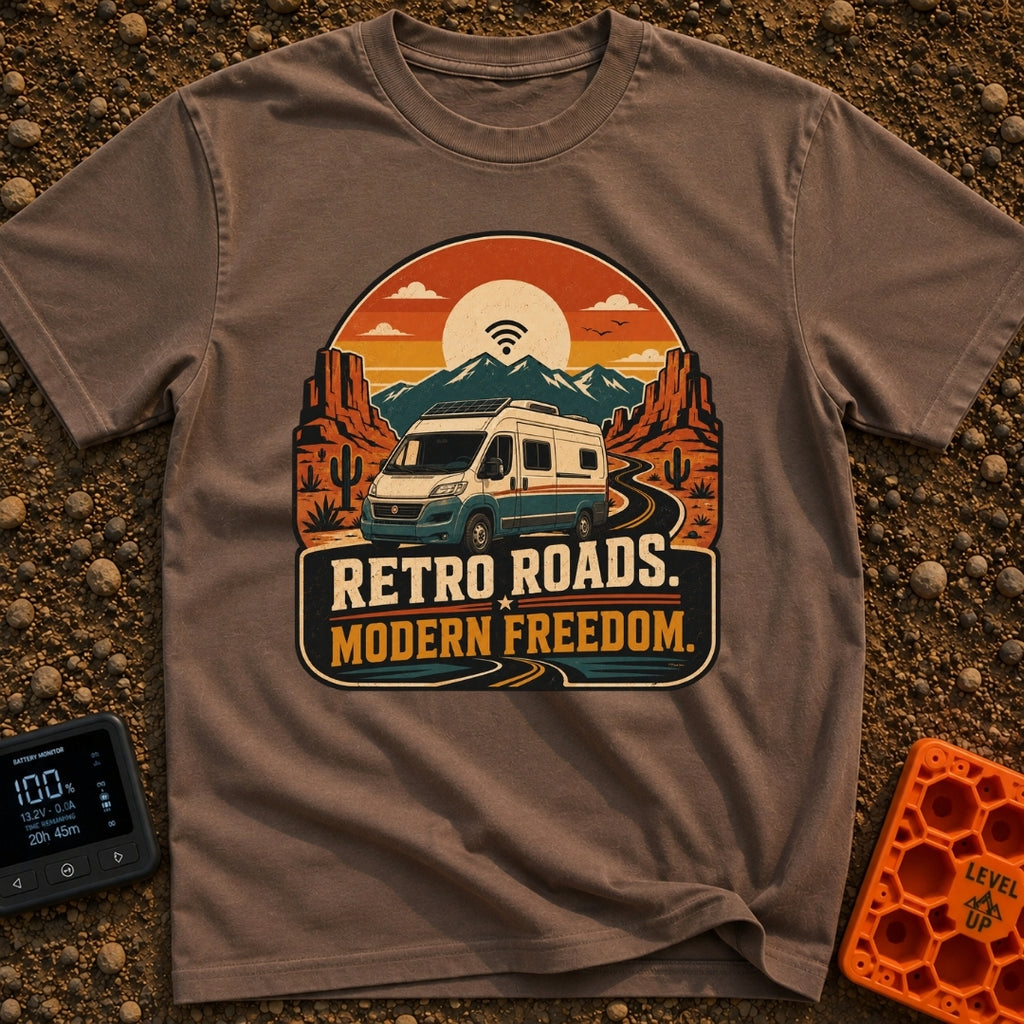 Where The WiFi Roams - T-Shirt in Espresso - A retro-style illustration of a modern camper van with roof-mounted solar...