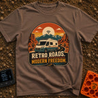 Where The WiFi Roams - T-Shirt in Espresso - A retro-style illustration of a modern camper van with roof-mounted solar...