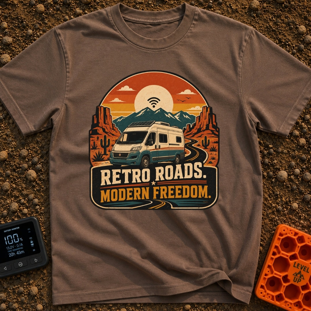 Where The WiFi Roams - T-Shirt in Espresso - A retro-style illustration of a modern camper van with roof-mounted solar...