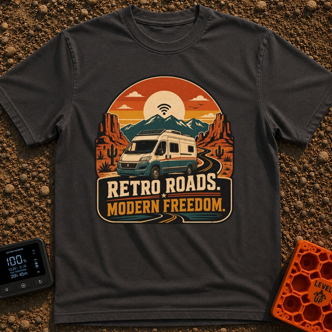 Where The WiFi Roams - T-Shirt in Graphite - A retro-style illustration of a modern camper van with roof-mounted solar...