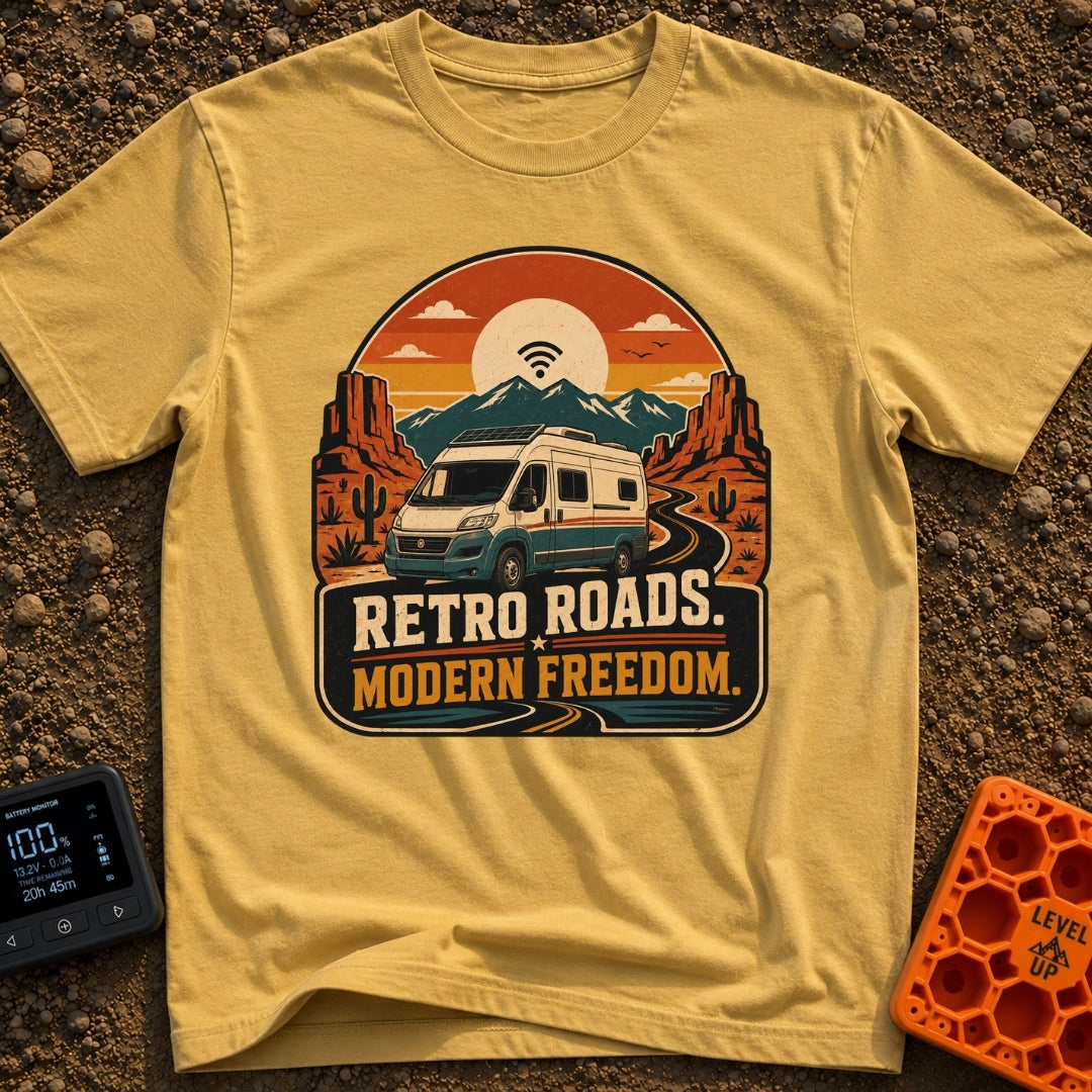 Where The WiFi Roams - T-Shirt in Mustard - A retro-style illustration of a modern camper van with roof-mounted solar...