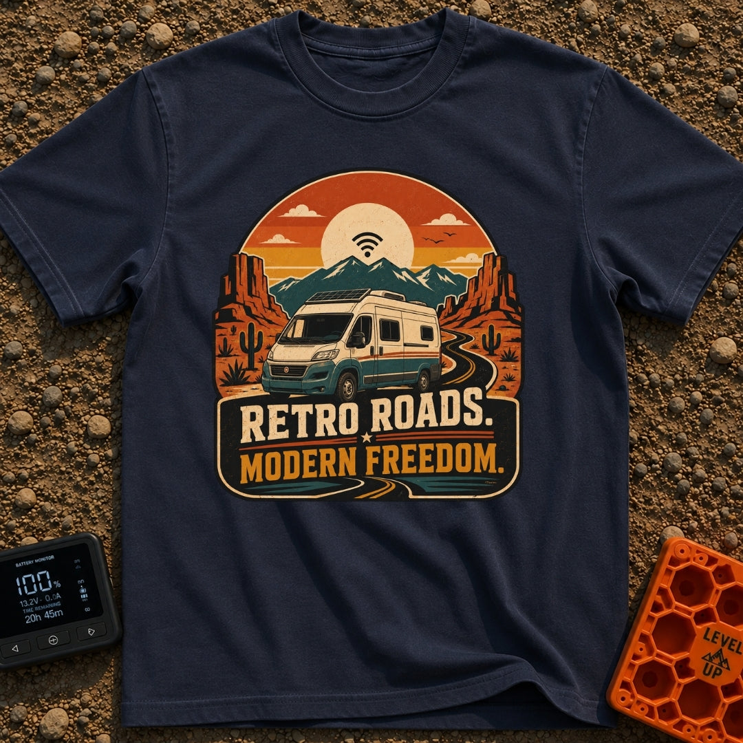 Where The WiFi Roams - T-Shirt in Navy - A retro-style illustration of a modern camper van with roof-mounted solar panels...