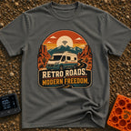 Where The WiFi Roams - T-Shirt in Pepper - A retro-style illustration of a modern camper van with roof-mounted solar...
