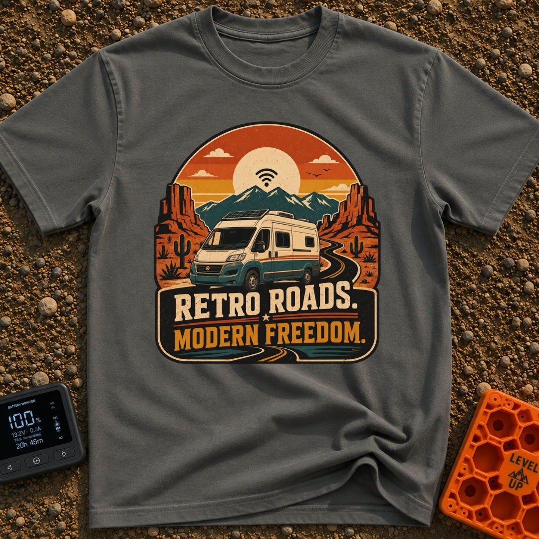 Where The WiFi Roams - T-Shirt in Pepper - A retro-style illustration of a modern camper van with roof-mounted solar...