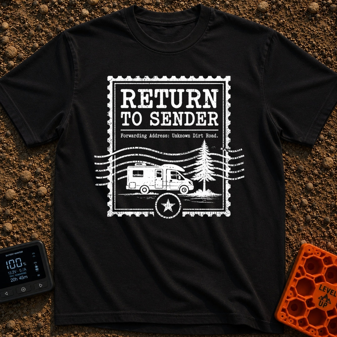 Return To Sender - T-Shirt in Black - A distressed, white graphic styled like a vintage postage stamp featuring the text...