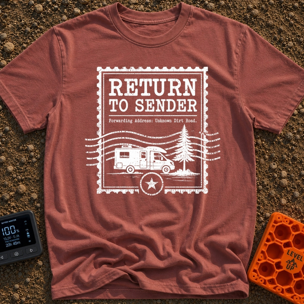 Return To Sender - T-Shirt in Brick - A distressed, white graphic styled like a vintage postage stamp featuring the text...
