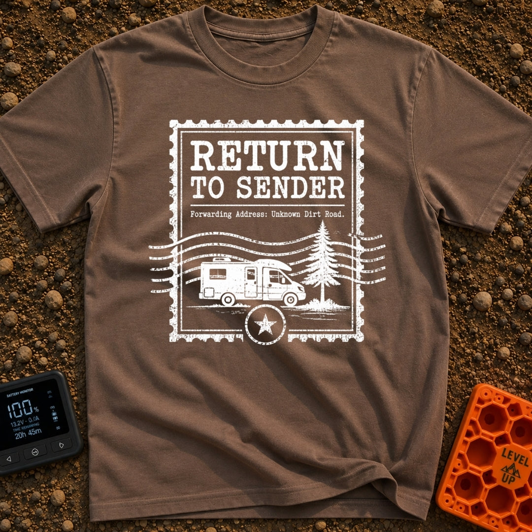 Return To Sender - T-Shirt in Espresso - A distressed, white graphic styled like a vintage postage stamp featuring the...