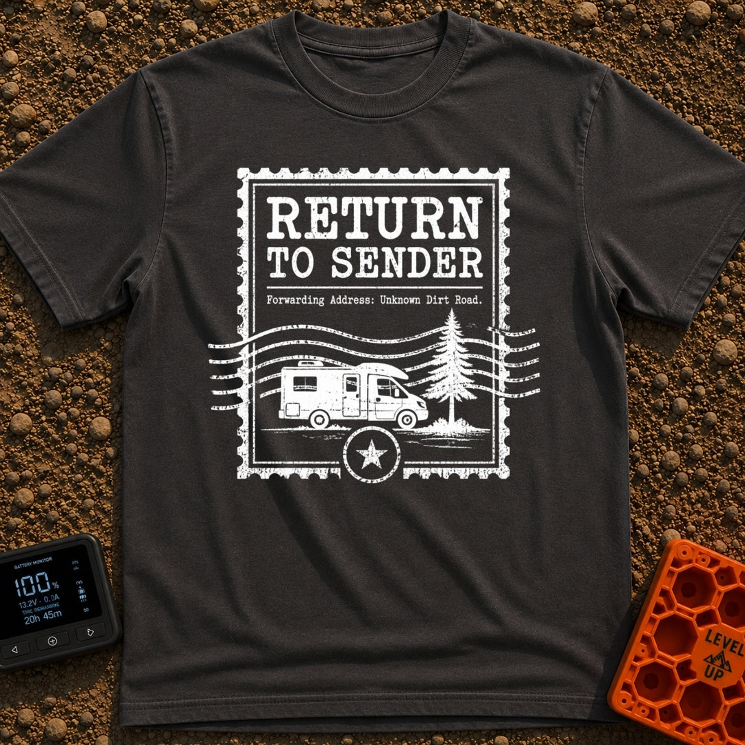 Return To Sender - T-Shirt in Graphite - A distressed, white graphic styled like a vintage postage stamp featuring the...