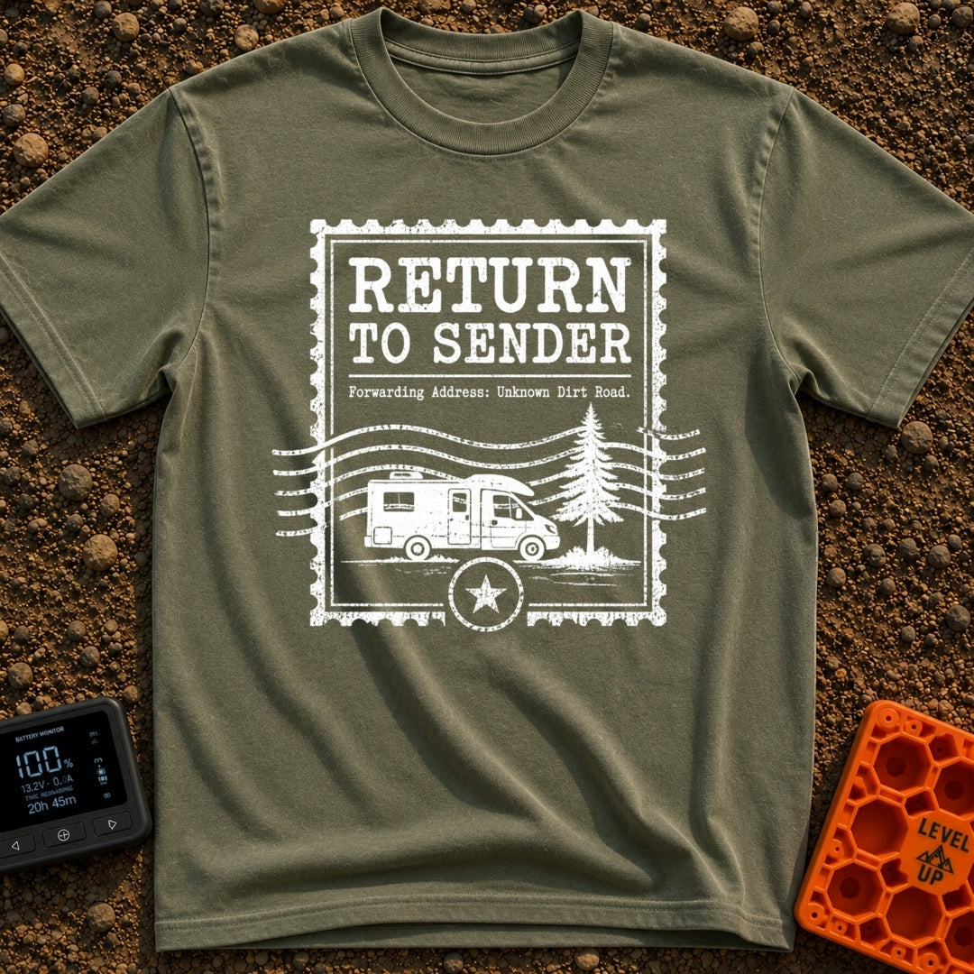 Return To Sender - T-Shirt in Moss - A distressed, white graphic styled like a vintage postage stamp featuring the text...