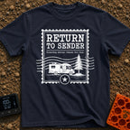 Return To Sender - T-Shirt in Navy - A distressed, white graphic styled like a vintage postage stamp featuring the text...
