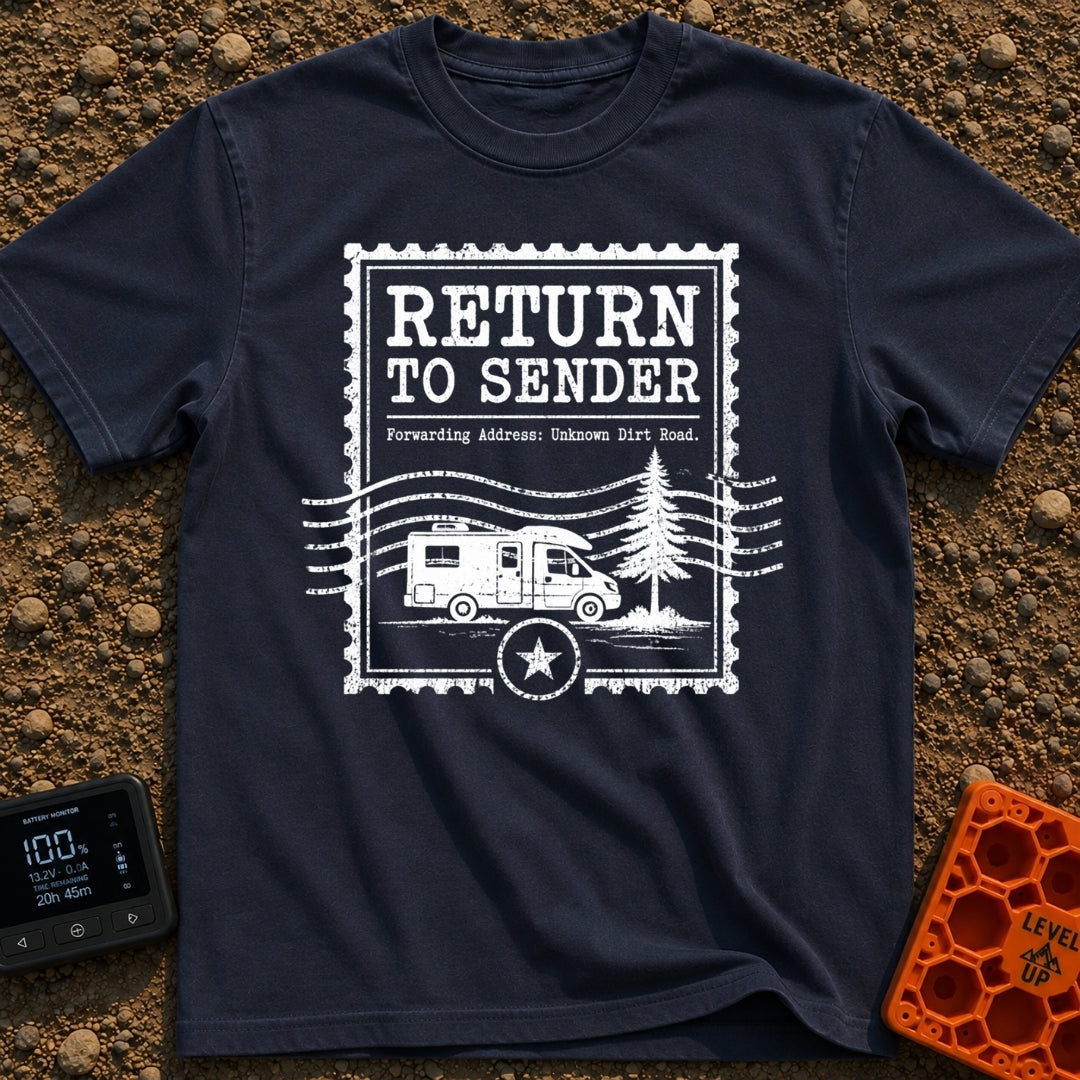 Return To Sender - T-Shirt in Navy - A distressed, white graphic styled like a vintage postage stamp featuring the text...