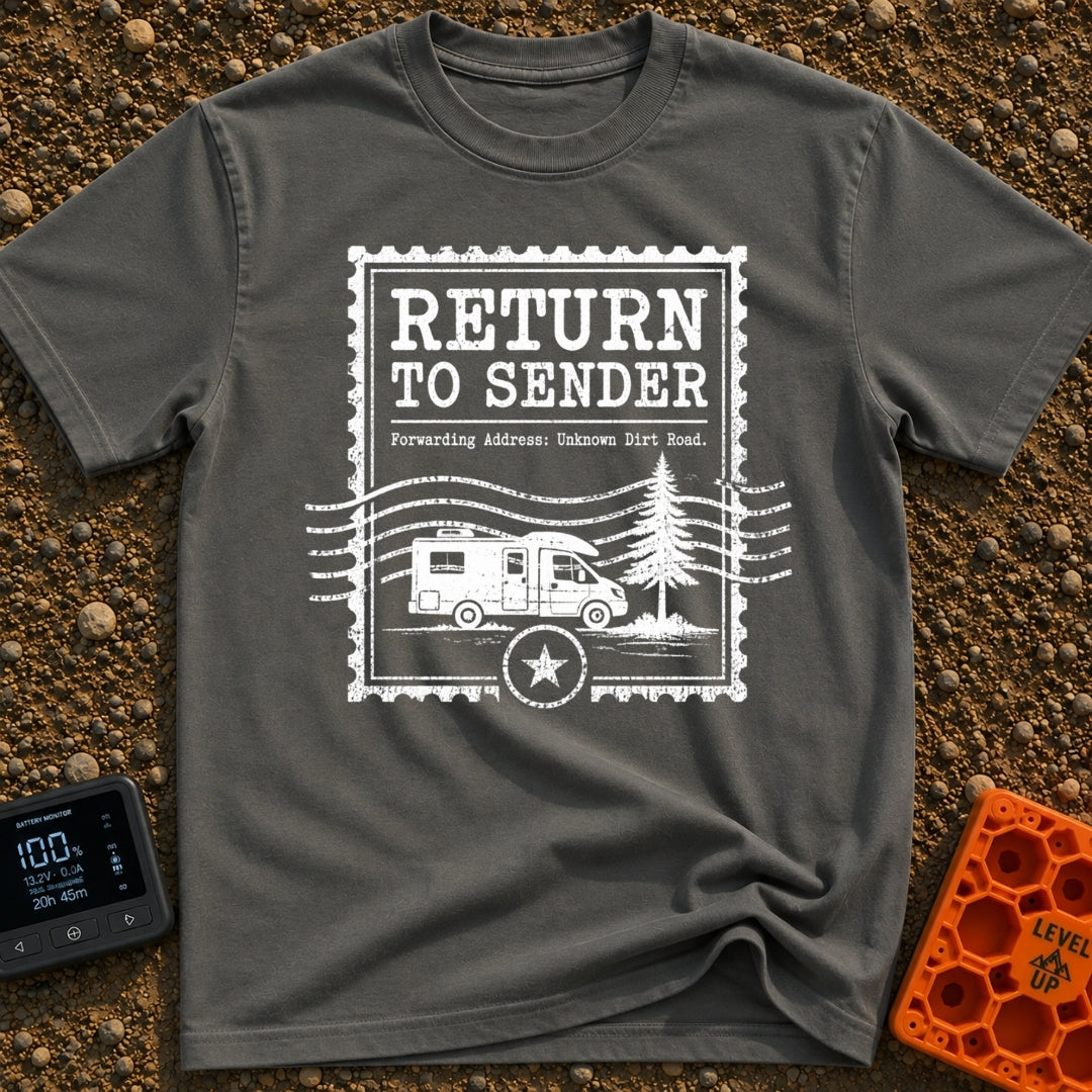 Return To Sender - T-Shirt in Pepper - A distressed, white graphic styled like a vintage postage stamp featuring the text...