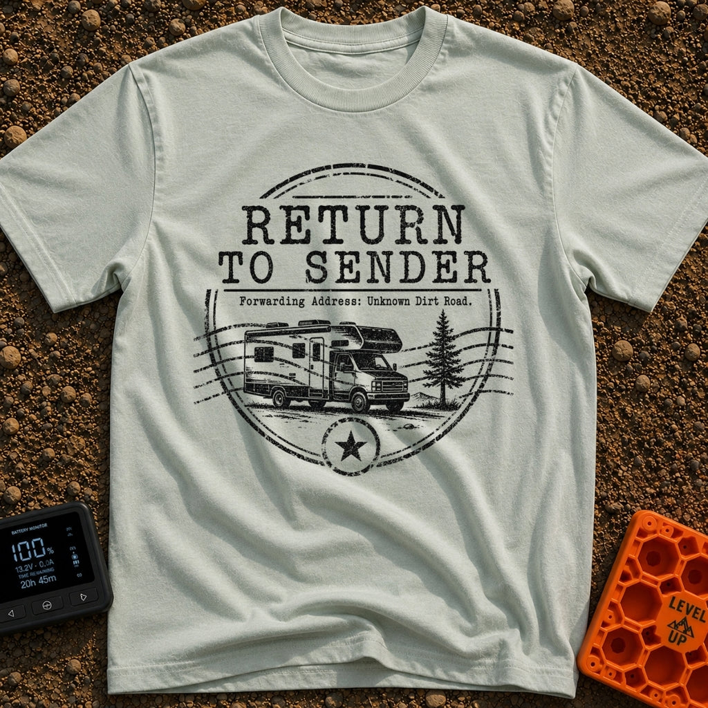 Return To Sender - T-Shirt in Bay - A distressed, circular postmark-style design featuring a Class C motorhome parked...