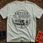 Return To Sender - T-Shirt in Bay - A distressed, circular postmark-style design featuring a Class C motorhome parked...