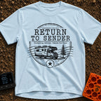 Return To Sender - T-Shirt in Chambray - A distressed, circular postmark-style design featuring a Class C motorhome...