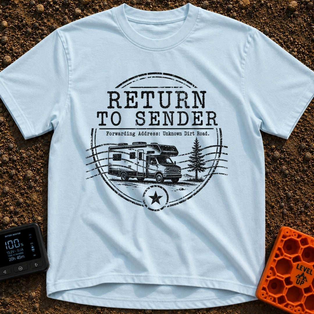 Return To Sender - T-Shirt in Chambray - A distressed, circular postmark-style design featuring a Class C motorhome...