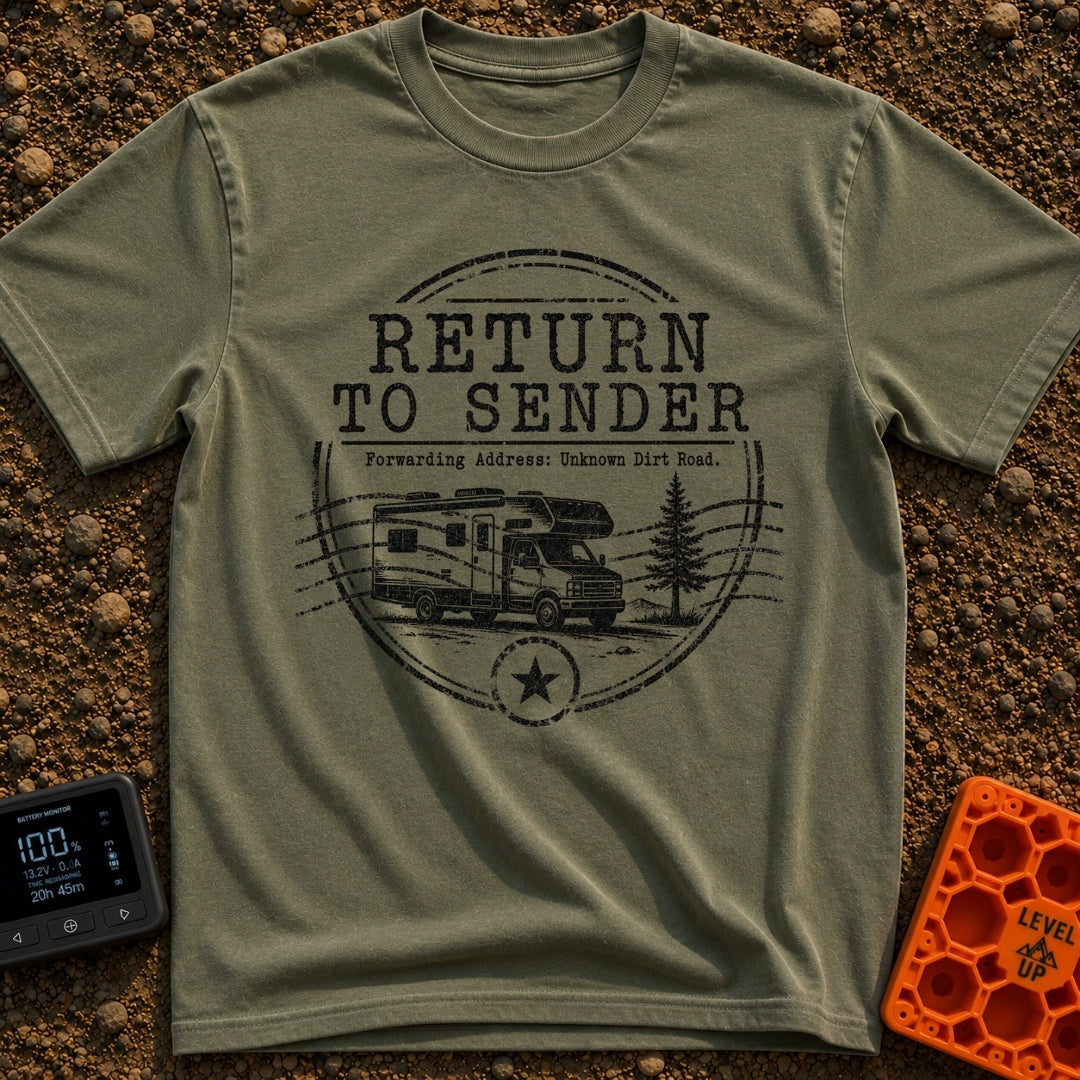 Return To Sender - T-Shirt in Moss - A distressed, circular postmark-style design featuring a Class C motorhome parked...