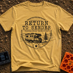 Return To Sender - T-Shirt in Mustard - A distressed, circular postmark-style design featuring a Class C motorhome parked...