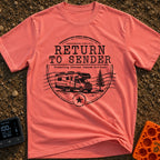 Return To Sender - T-Shirt in Watermelon - A distressed, circular postmark-style design featuring a Class C motorhome...
