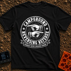 The Reversing Referee - T-Shirt in Black - A circular, vintage-style badge graphic reading "CAMPGROUND" and "REVERSING...