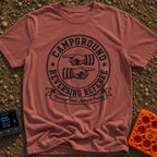 The Reversing Referee - T-Shirt in Brick - A circular, vintage-style badge graphic reading "CAMPGROUND" and "REVERSING...
