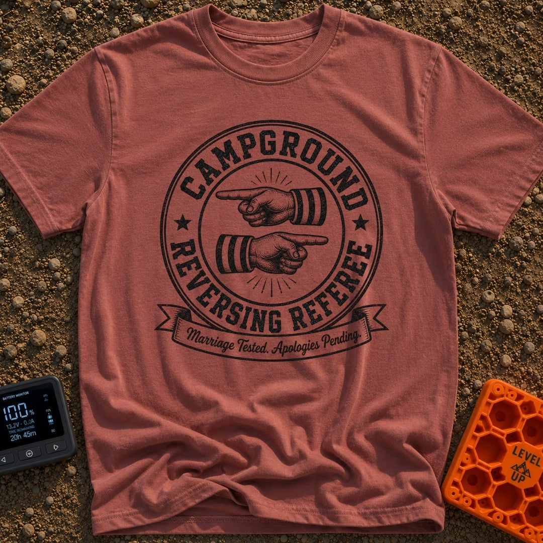 The Reversing Referee - T-Shirt in Brick - A circular, vintage-style badge graphic reading "CAMPGROUND" and "REVERSING...