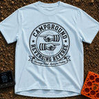 The Reversing Referee - T-Shirt in Chambray - A circular, vintage-style badge graphic reading "CAMPGROUND" and "REVERSING...