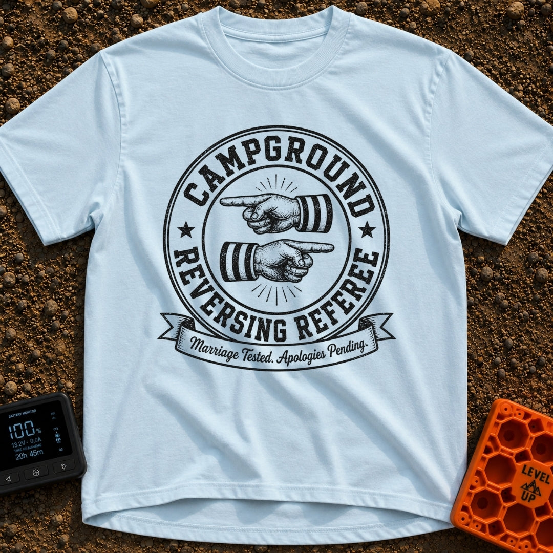 The Reversing Referee - T-Shirt in Chambray - A circular, vintage-style badge graphic reading "CAMPGROUND" and "REVERSING...