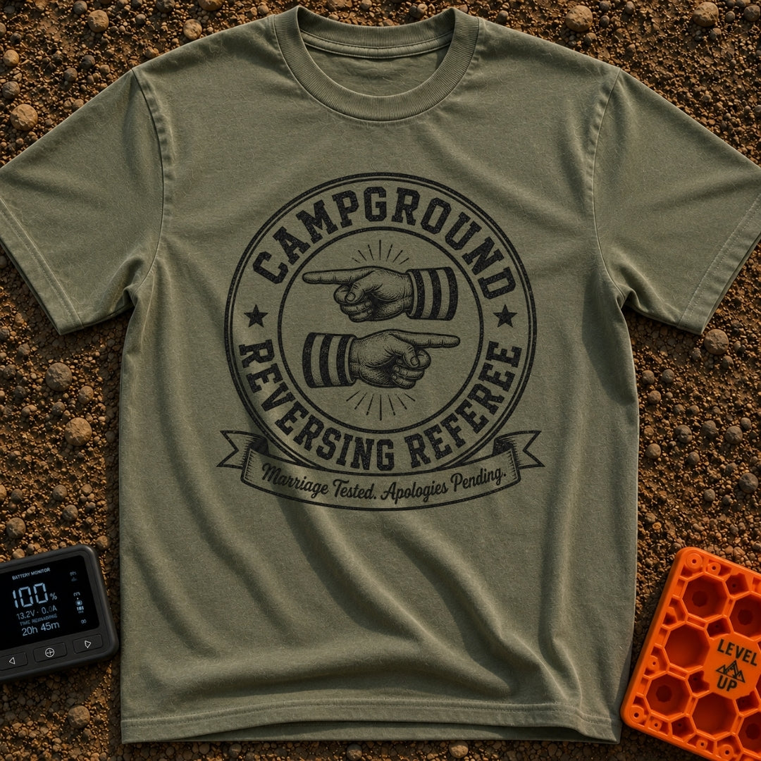 The Reversing Referee - T-Shirt in Moss - A circular, vintage-style badge graphic reading "CAMPGROUND" and "REVERSING...