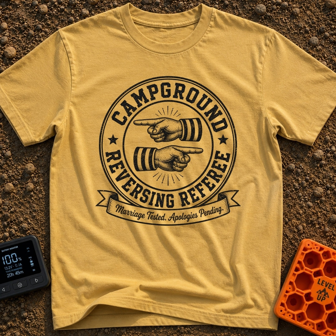 The Reversing Referee - T-Shirt in Mustard - A circular, vintage-style badge graphic reading "CAMPGROUND" and "REVERSING...