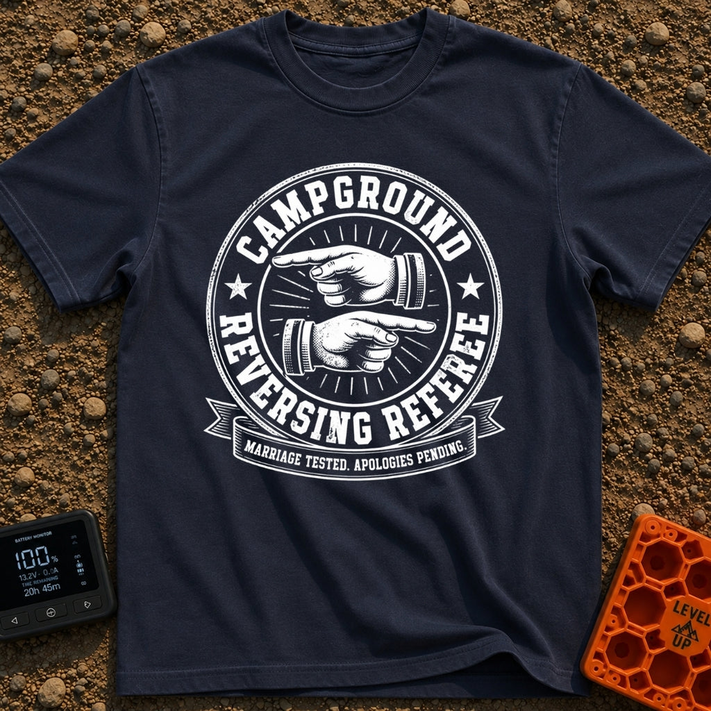 The Reversing Referee - T-Shirt in Navy - A circular, vintage-style badge graphic reading "CAMPGROUND" and "REVERSING...