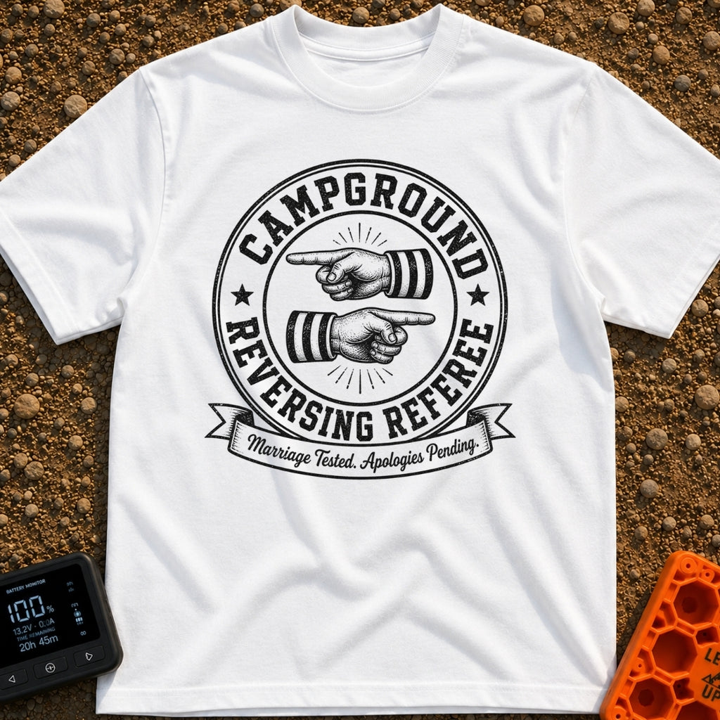 The Reversing Referee - T-Shirt in White - A circular, vintage-style badge graphic reading "CAMPGROUND" and "REVERSING...