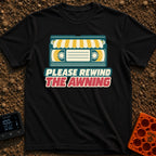 Be Kind Rewind Awning - T-Shirt in Black - A retro illustration of a VHS cassette tape with a yellow and white striped...