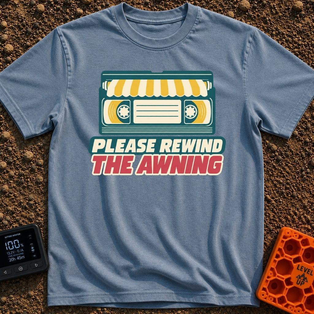 Be Kind Rewind Awning - T-Shirt in Blue Jean - A retro illustration of a VHS cassette tape with a yellow and white...