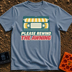 Be Kind Rewind Awning - T-Shirt in Blue Jean - A retro illustration of a VHS cassette tape with a yellow and white...