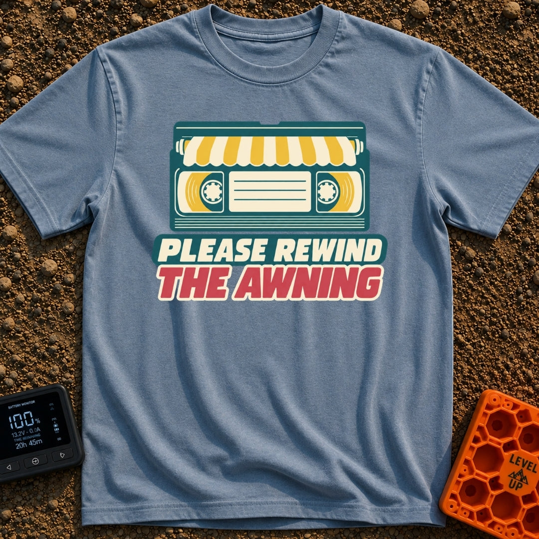 Be Kind Rewind Awning - T-Shirt in Blue Jean - A retro illustration of a VHS cassette tape with a yellow and white...