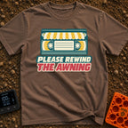 Be Kind Rewind Awning - T-Shirt in Espresso - A retro illustration of a VHS cassette tape with a yellow and white striped...