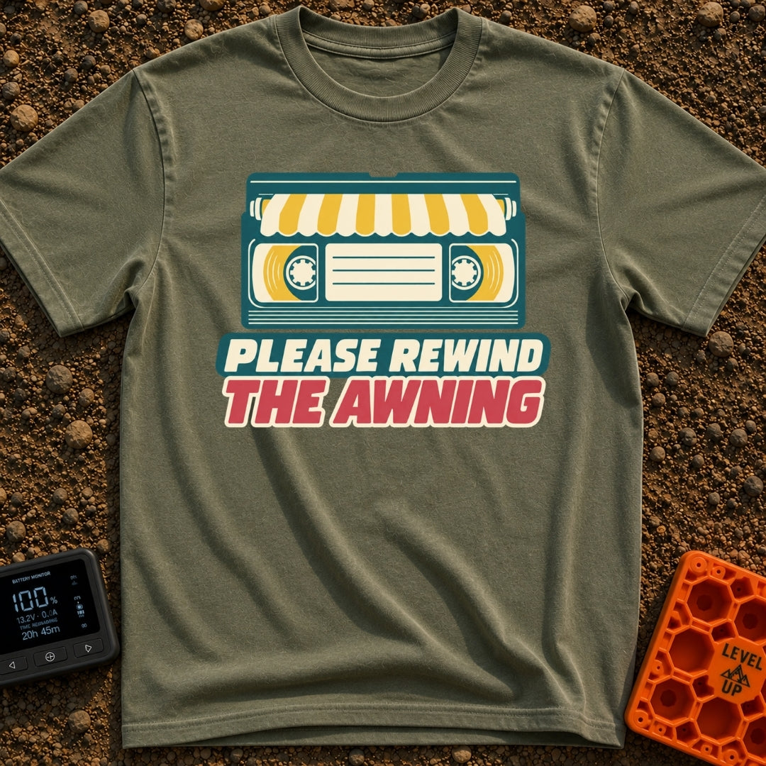 Be Kind Rewind Awning - T-Shirt in Moss - A retro illustration of a VHS cassette tape with a yellow and white striped...