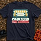 Be Kind Rewind Awning - T-Shirt in Navy - A retro illustration of a VHS cassette tape with a yellow and white striped...