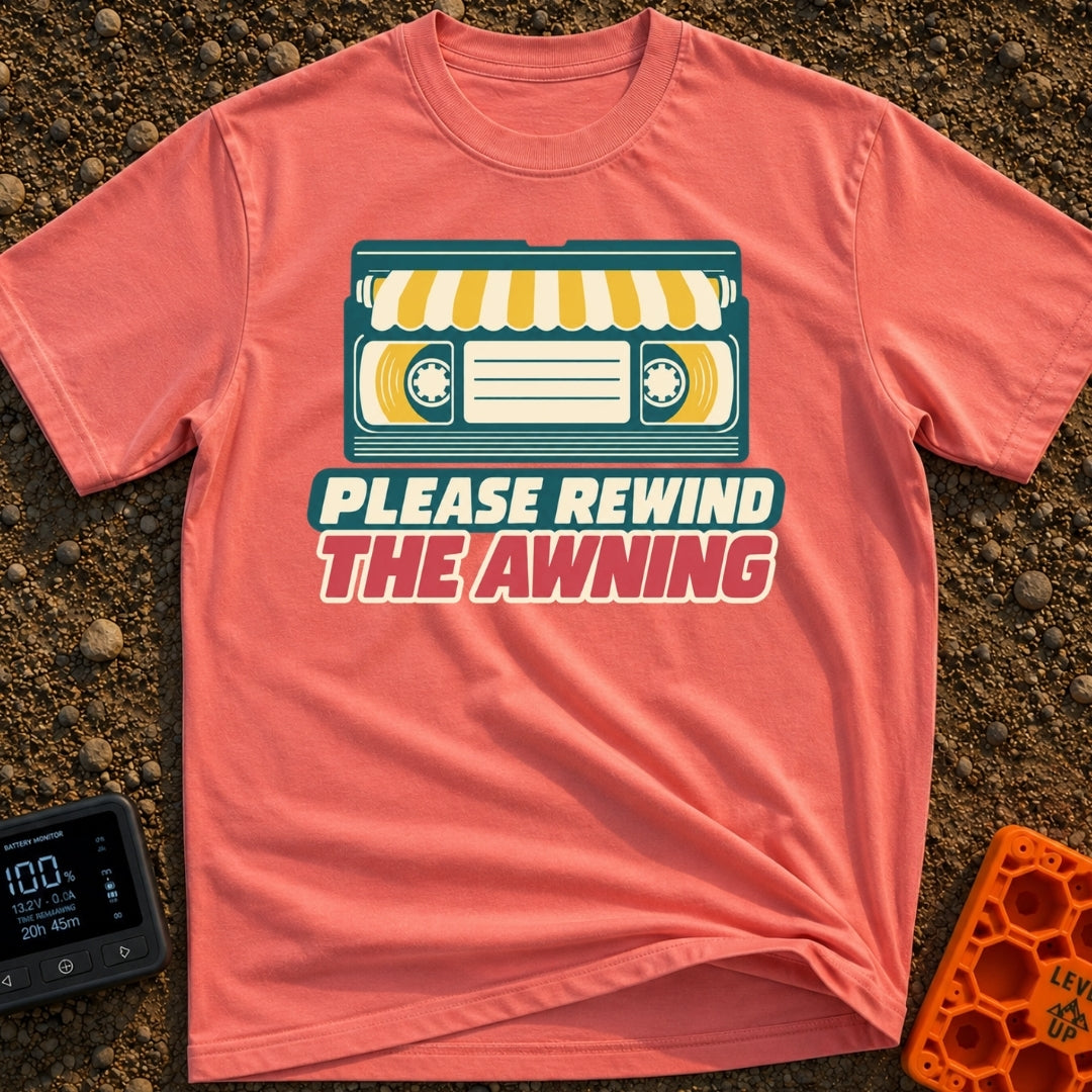 Be Kind Rewind Awning - T-Shirt in Watermelon - A retro illustration of a VHS cassette tape with a yellow and white...