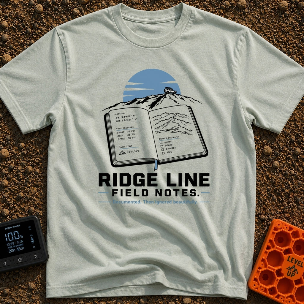 Ridge Top Chronicles - T-Shirt in Bay - An open notebook showing GPS coordinates, tyre pressure logs, a mountain sketch,...