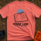 Ridge Top Chronicles - T-Shirt in Watermelon - An open notebook showing GPS coordinates, tyre pressure logs, a mountain...